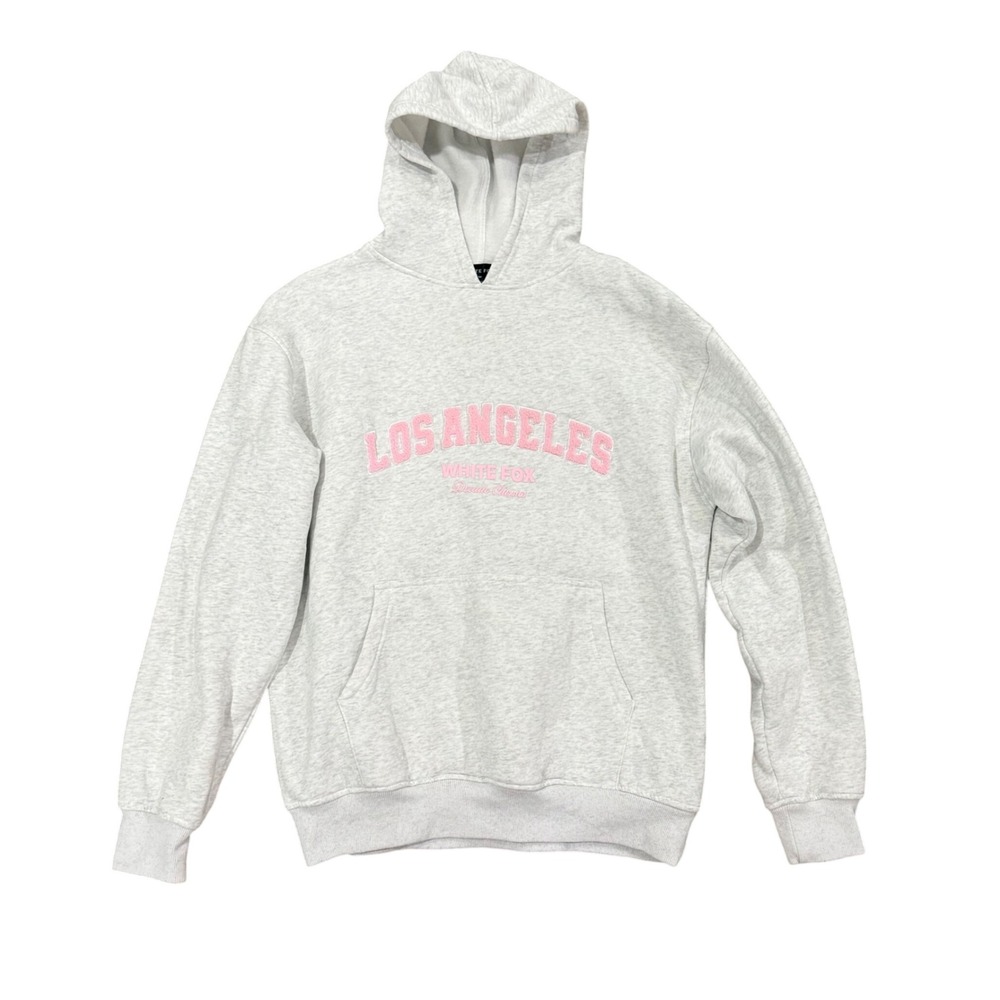 White Fox Los Angeles Hoodie Grey Pink Puff Print Pullover Sweatshirt S/M